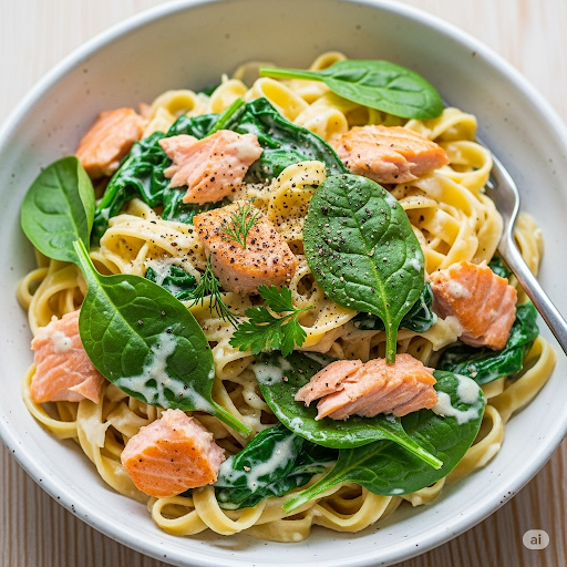 Kremet pasta med laks og spinat