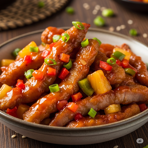 Svinestrimler i sursøt saus