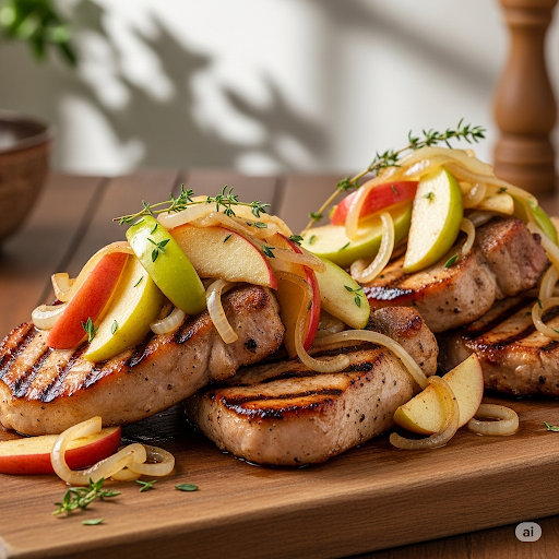 Svinekoteletter med eple og løk